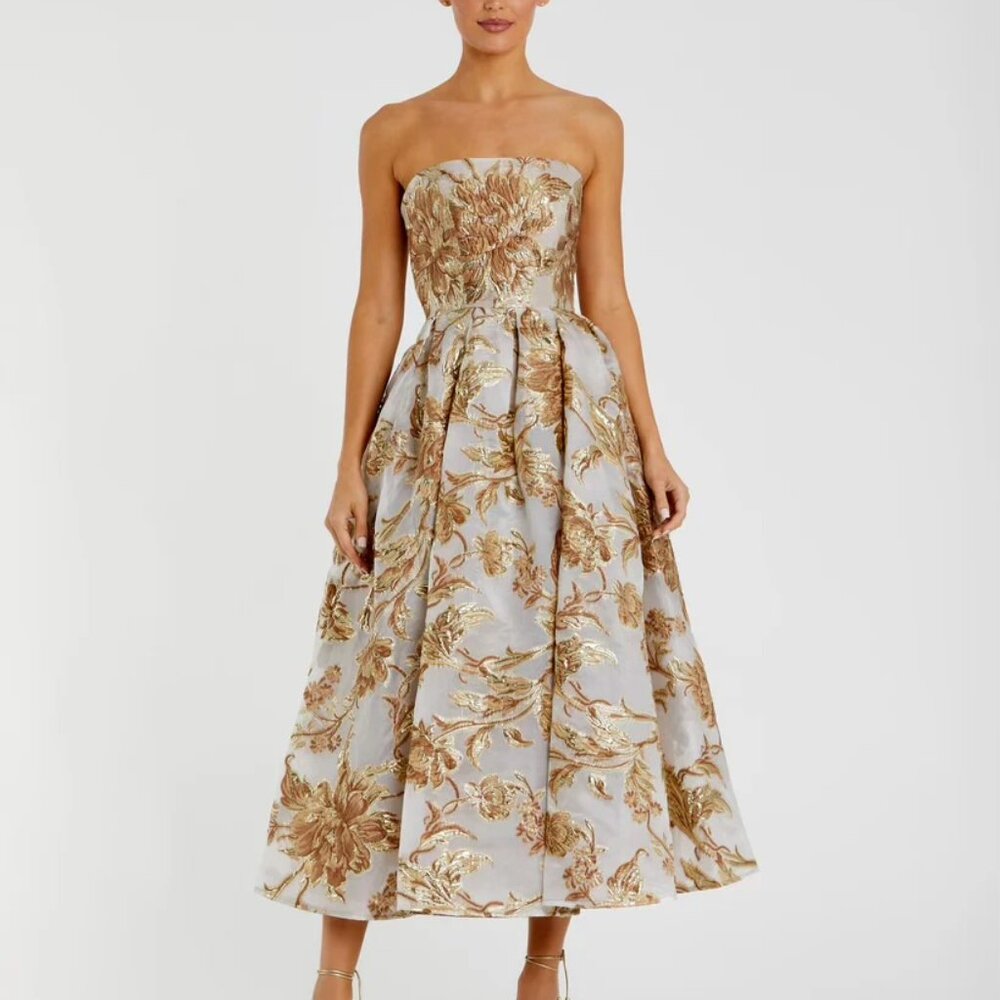 Mac Duggal Strapless Floral Dress in Gold and Cream